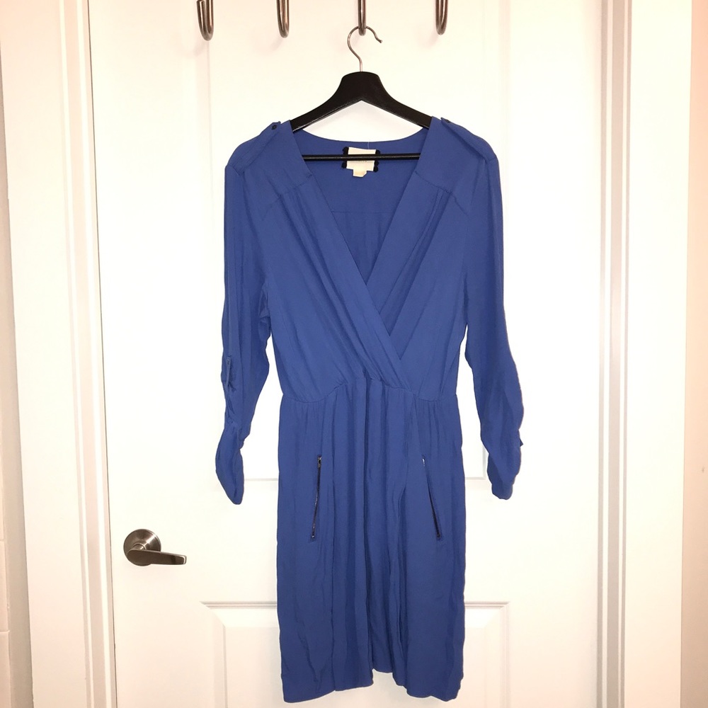 chic blue Anthropologie's Maleve brand wrap dress